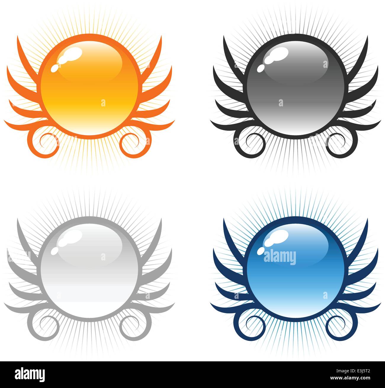 Set of glossy round winged sphere button icons Stock Vector