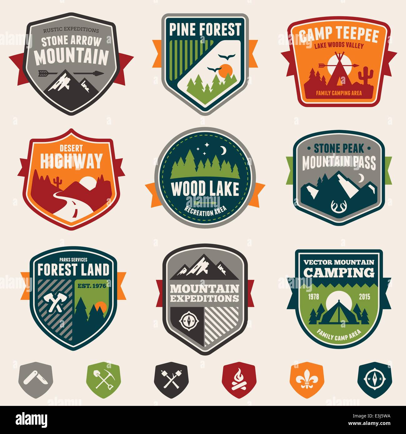 Set of vintage woods camp badges and travel emblems Stock Vector