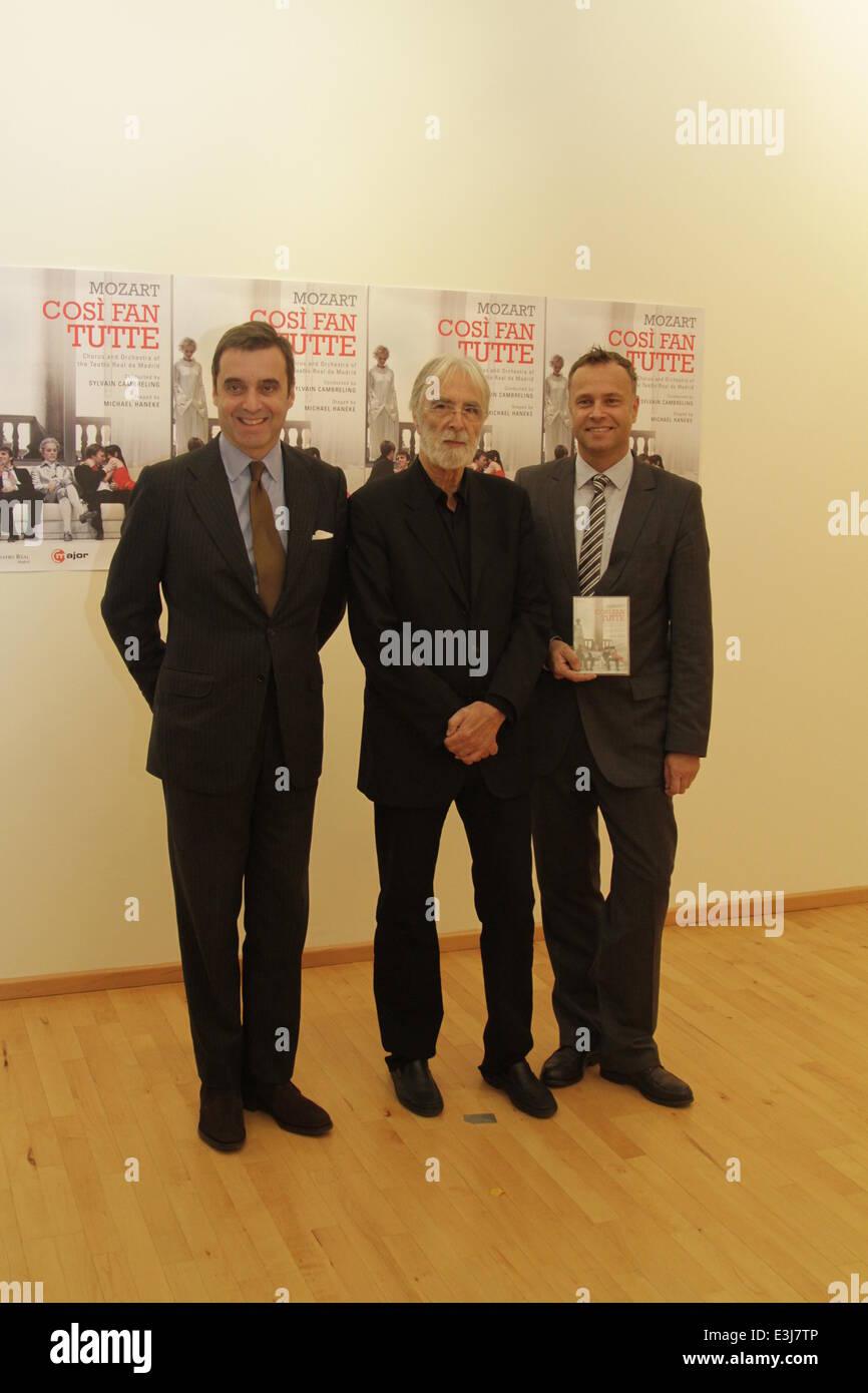 Michael Haneke at a press conference to promote the launch of his Cosi Fan  Tutte DVD at the Spanish Embassy Featuring: Pablo García-Berdoy,Michael  Haneke,Elmar Kruse Where: Berlin, Germany When: 27 Nov 2013
