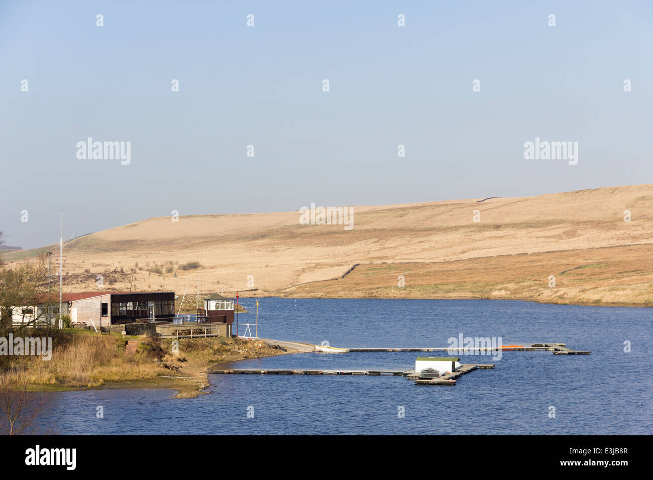 The clubhouse and landing stages at Bolton Sailing Club, based on Belmont reservoir, Belmont, Lancashire. Stock Photo