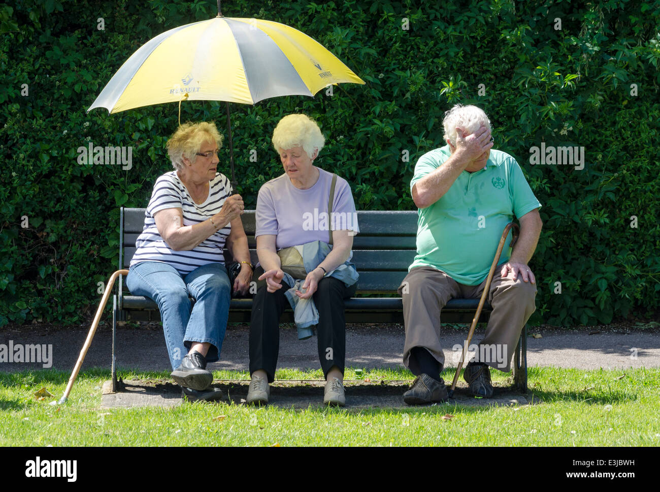 Three friends sitting on a bench Stock Photo - Alamy