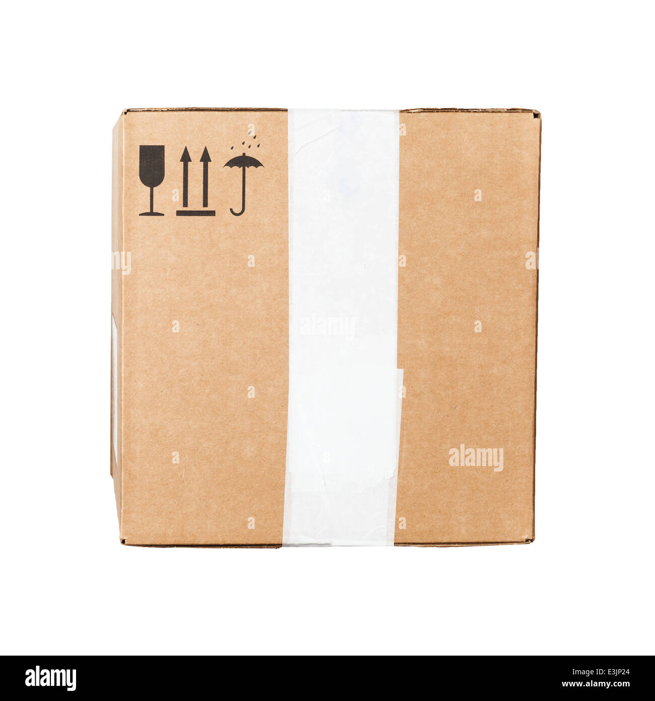 Cardboard box with black signs isolated on white background Stock Photo