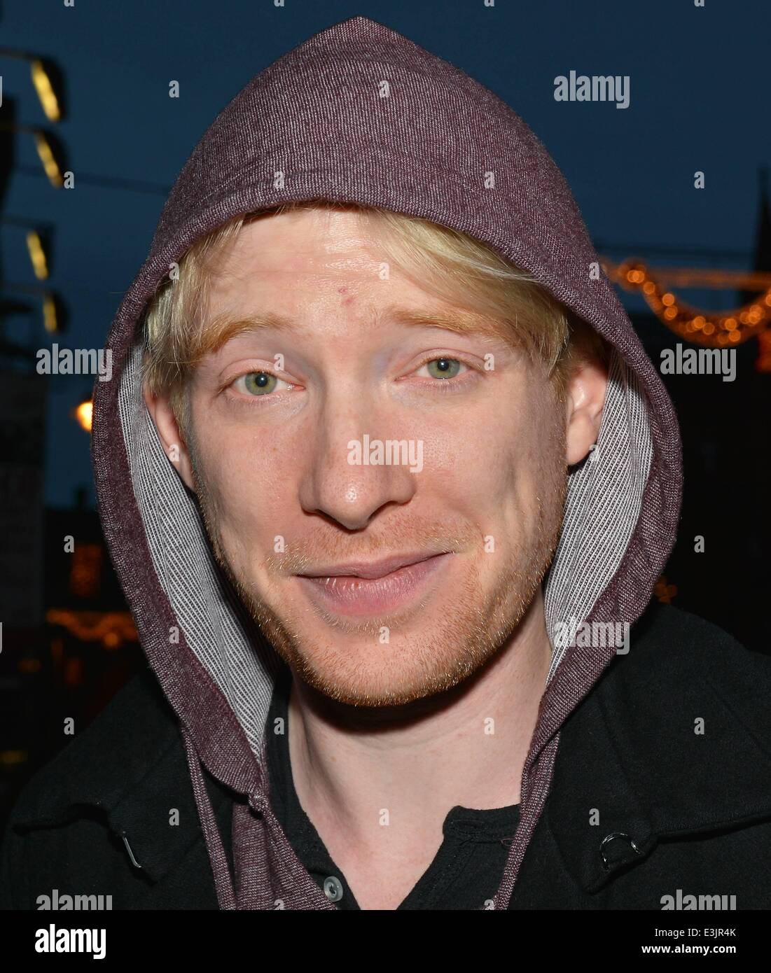 Irish actor Domhnall Gleeson seen sporting bleach-blonde hair for his 'Unbroken' role while walking along Georges Street with fellow actors Laurence Kinlan (Love/Hate) and Paul Reid (London Irish). Domhnall Gleeson is currently filming the Ethan & Joel Co Stock Photo