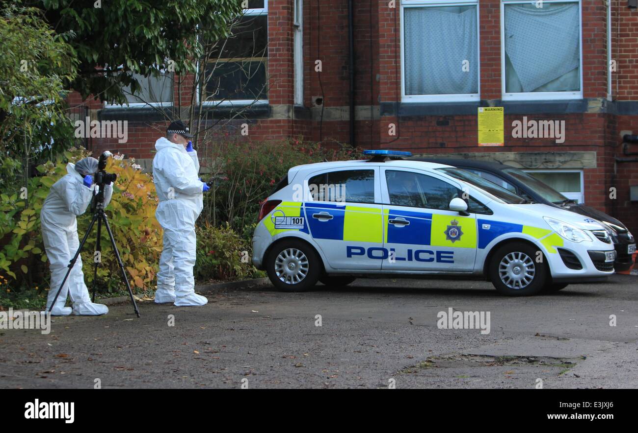 West Yorkshire Police have arrested a man on suspicion of shooting an officer in the town of Headingley, near Leeds. Police have cordoned off a part of Wood Lane, near to Shire Oak Primary School. A handgun could be seen on the ground where an investigati Stock Photo