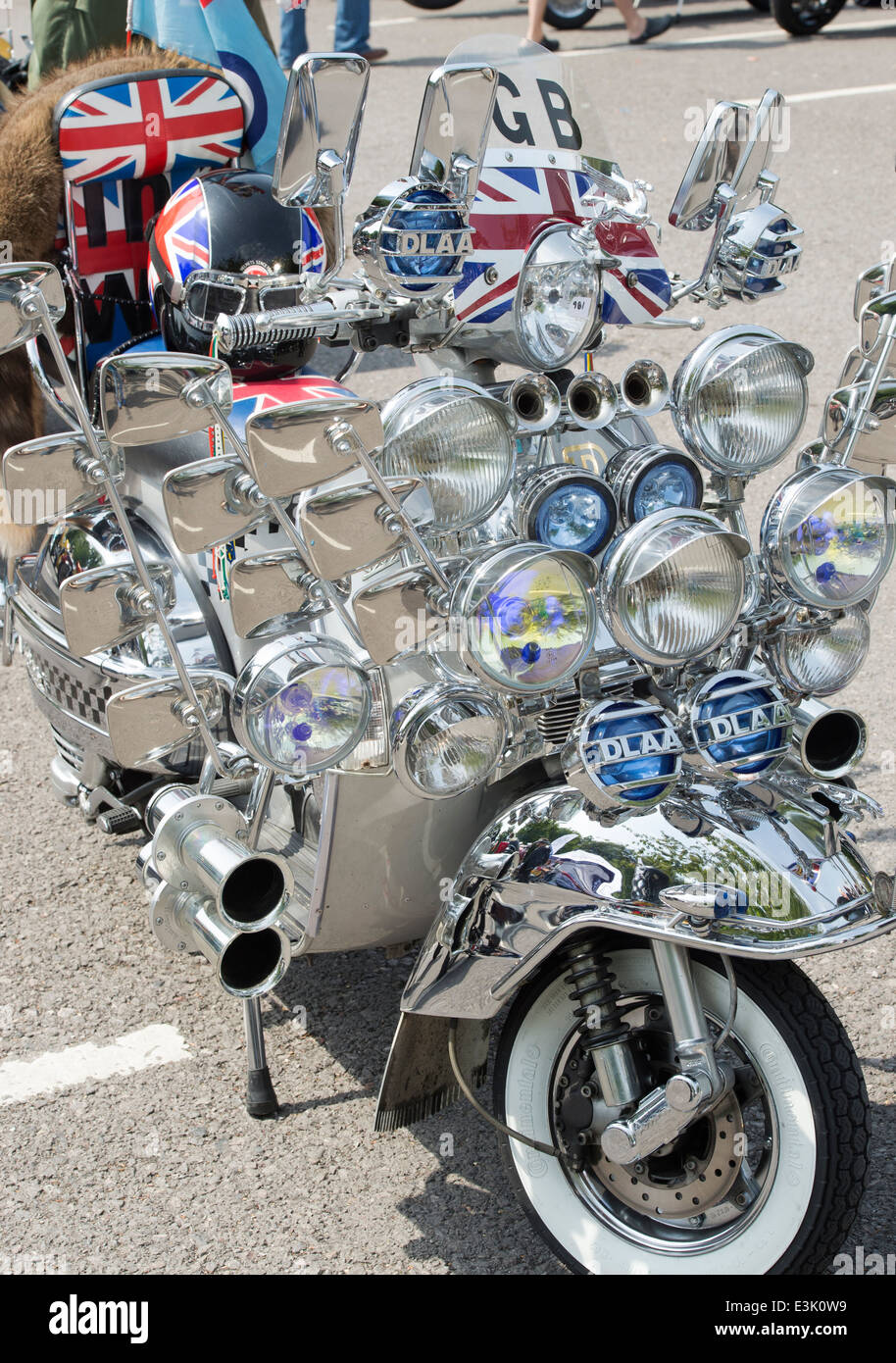 Mods vespa custom scooter with mirrors, lights, logos and union jack decal Stock Photo