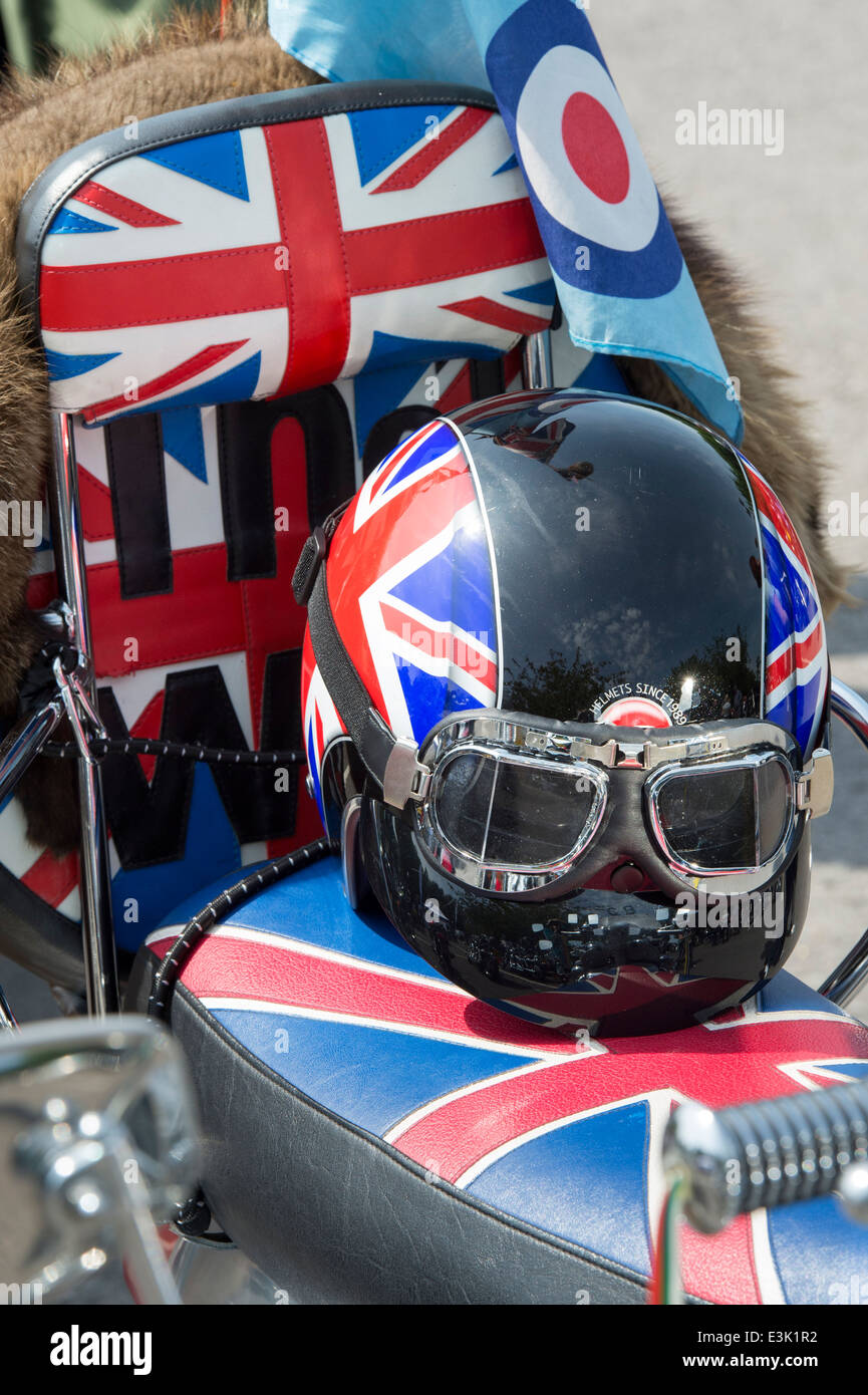 Mods vespa custom scooter with helmet and goggles and union jack decal Stock Photo