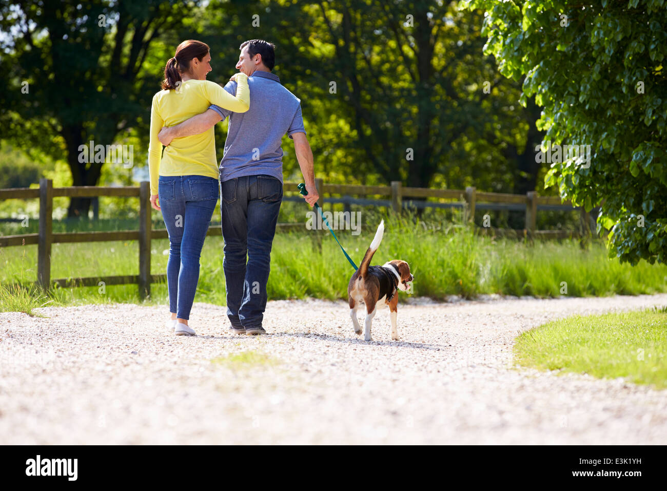 Rear View Of Hispanic Couple Walking Dog In Countryside Stock Photo