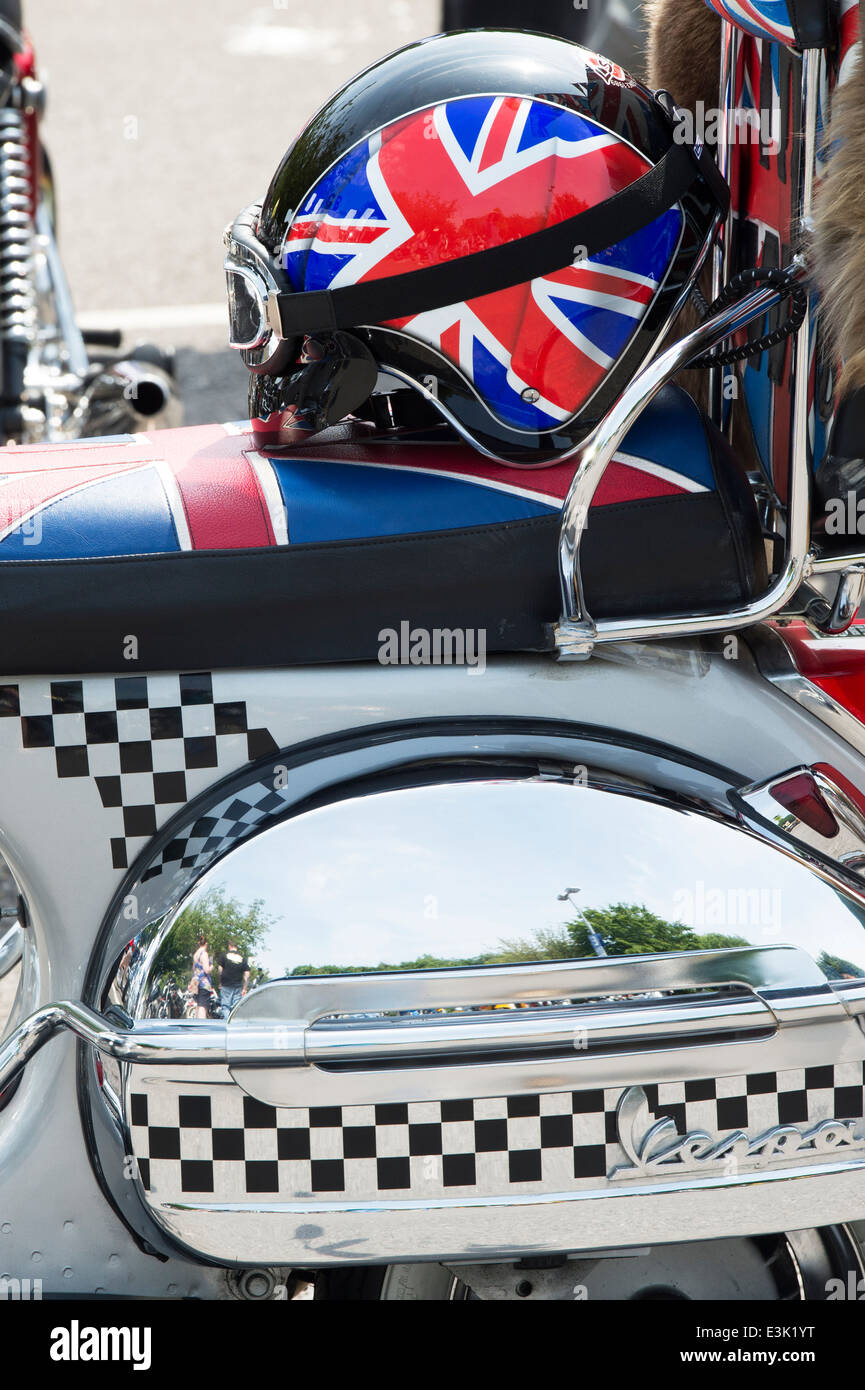 Mods vespa custom scooter with helmet and goggles and union jack decal Stock Photo