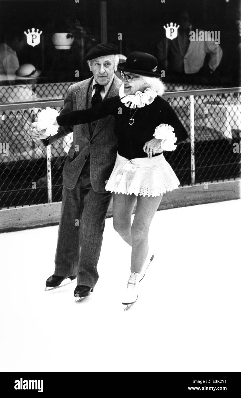 elderly couple skating on ice,nyc,80's Stock Photo