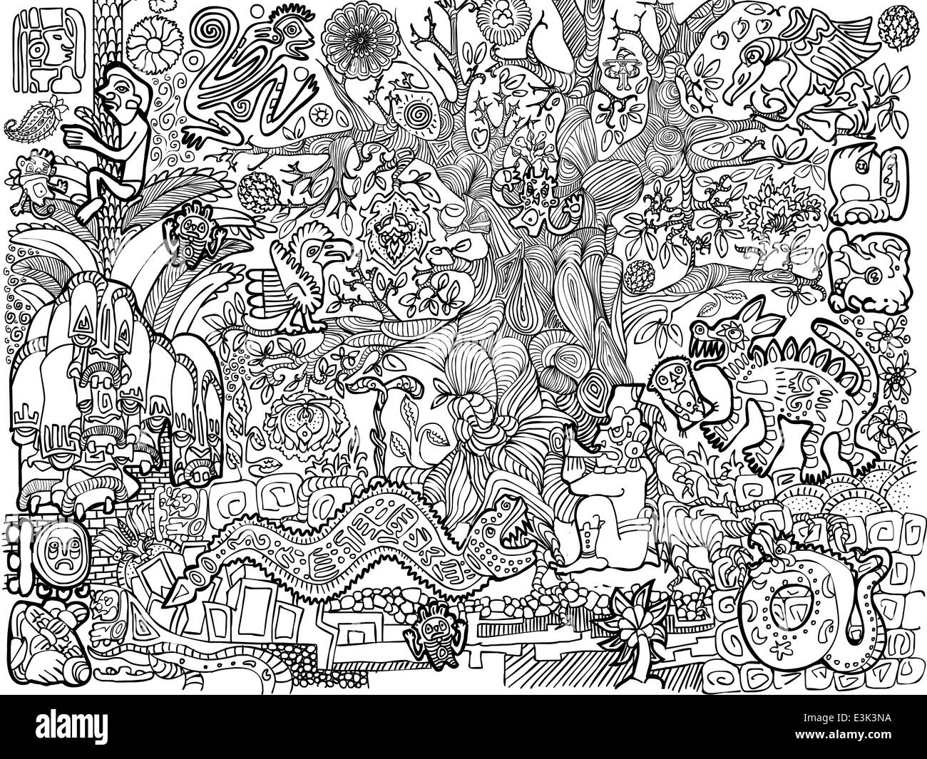 Some abstract background with a lot of details, plants, animals, reptiles, flowers, masks etc. Stock Photo
