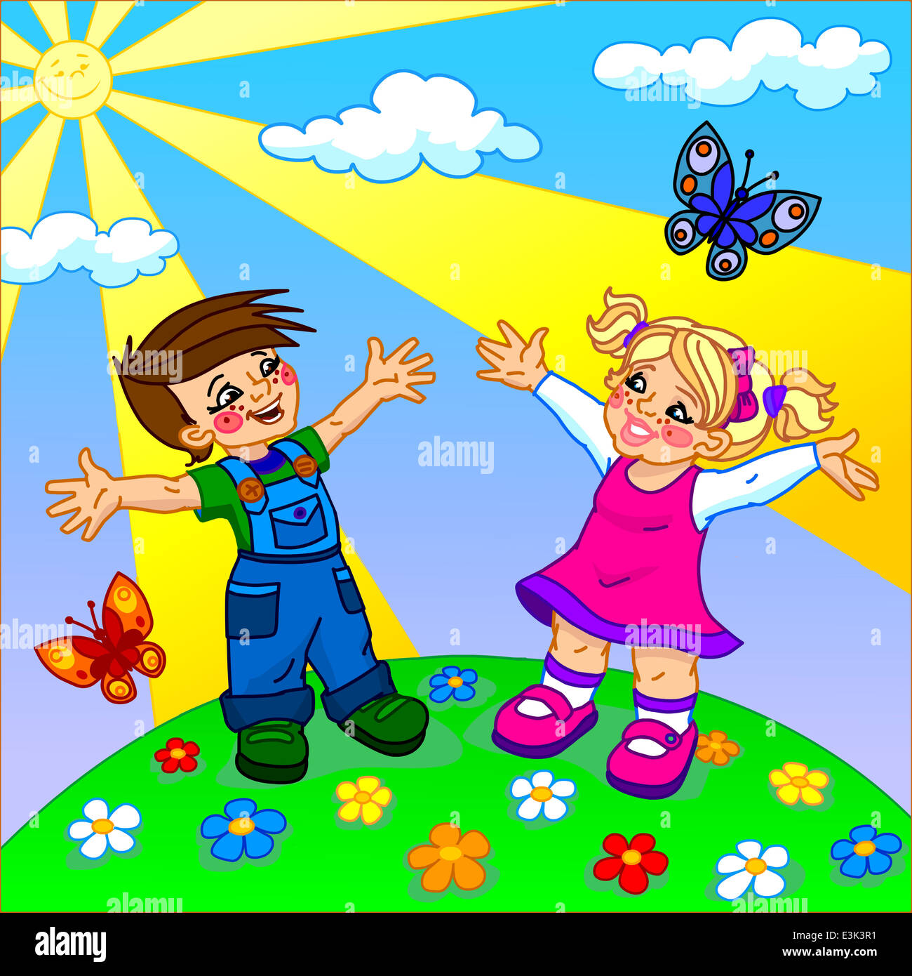Nice and funny cartoon illustration of two happy kids on the sunny lain  Stock Photo - Alamy