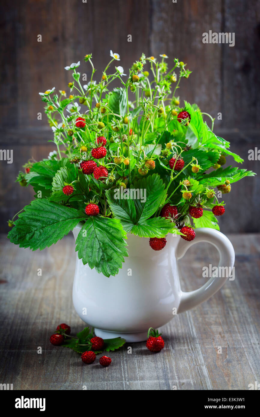 bouquet of wild strawberry on wooden background Stock Photo - Alamy