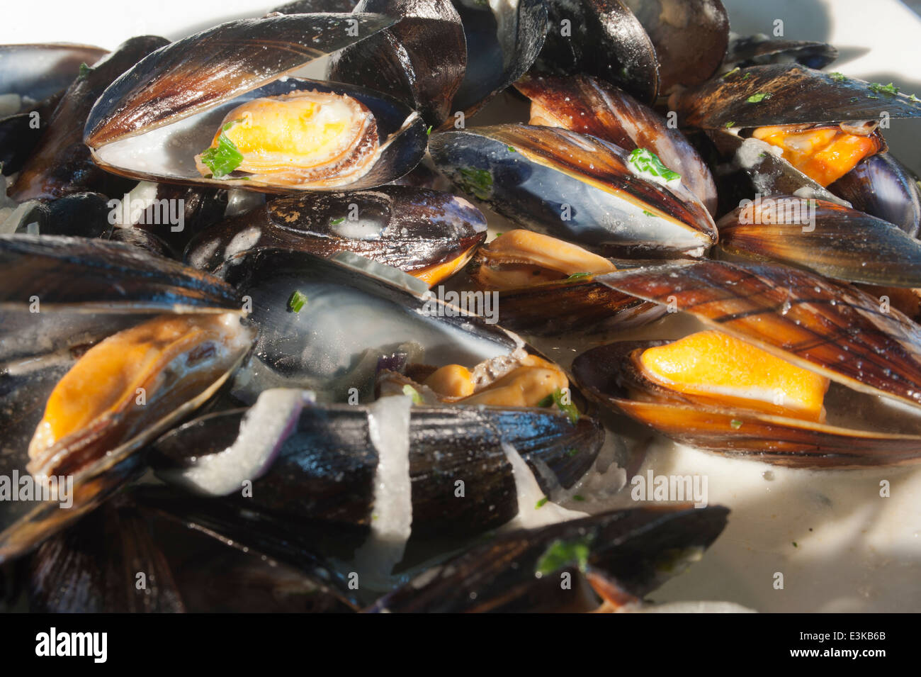 Moules or Mussels cooked in white wine with parsley. Stock Photo