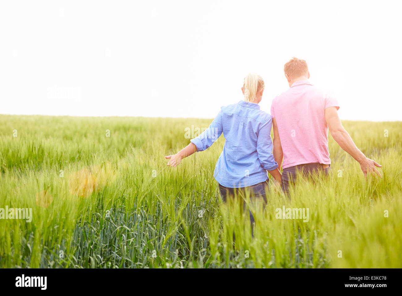Rear View Of Romantic Couple Walking In Field Holding Hands Stock Photo ...