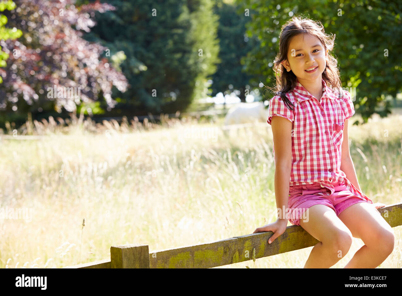 Pretty Asian Girl Sitting On Fence In Countryside Stock Photo