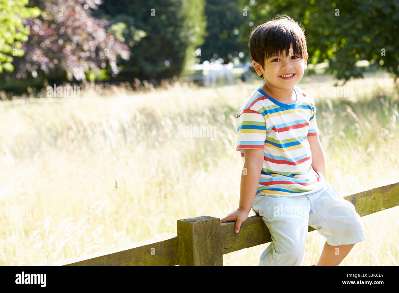 Portrait Of  Asian Boy Sitting On Fence In Countryside Stock Photo