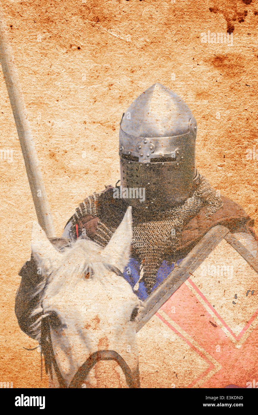 Armored knight on warhorse - retro postcard on vintage paper background Stock Photo