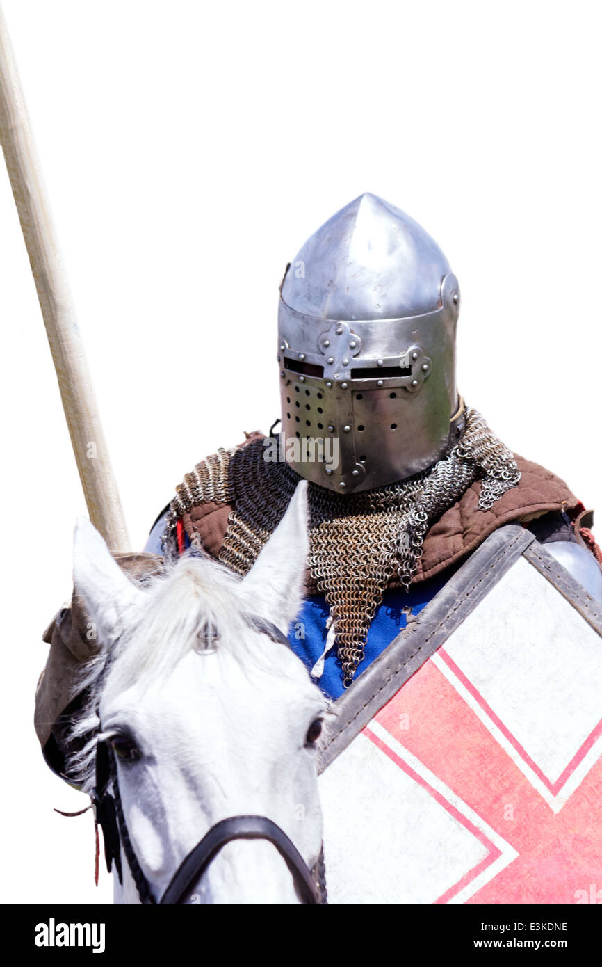 Armored knight on warhorse with shield and lance isolated on white Stock Photo
