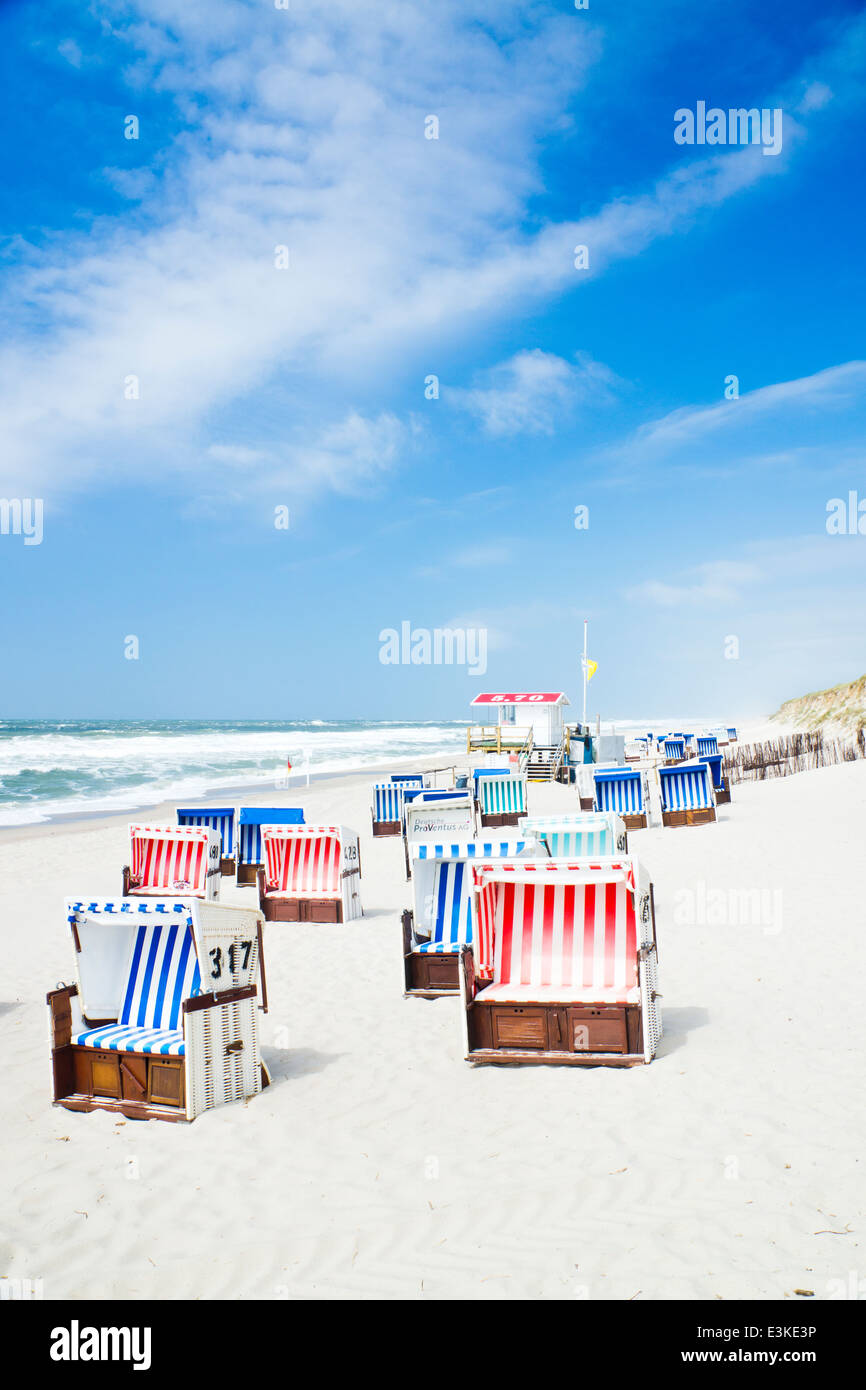wicker beach chairs near Kampen on Sylt,  Germany Stock Photo