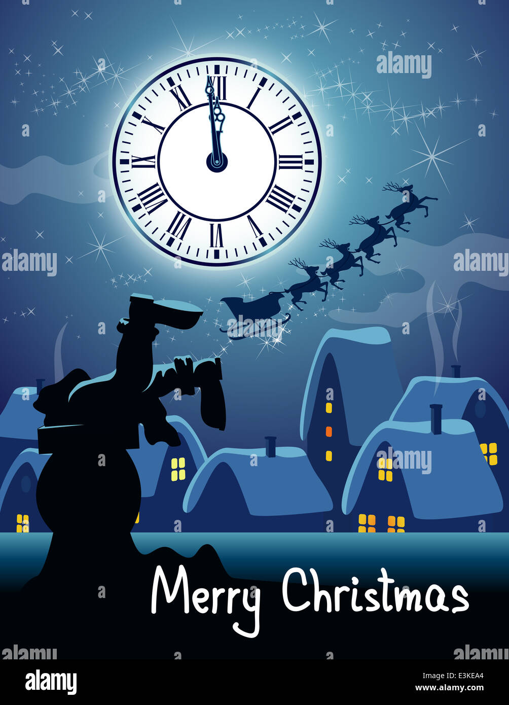 Funny Illustration Of Santa Claus Stuck In The Chimney On The Roof