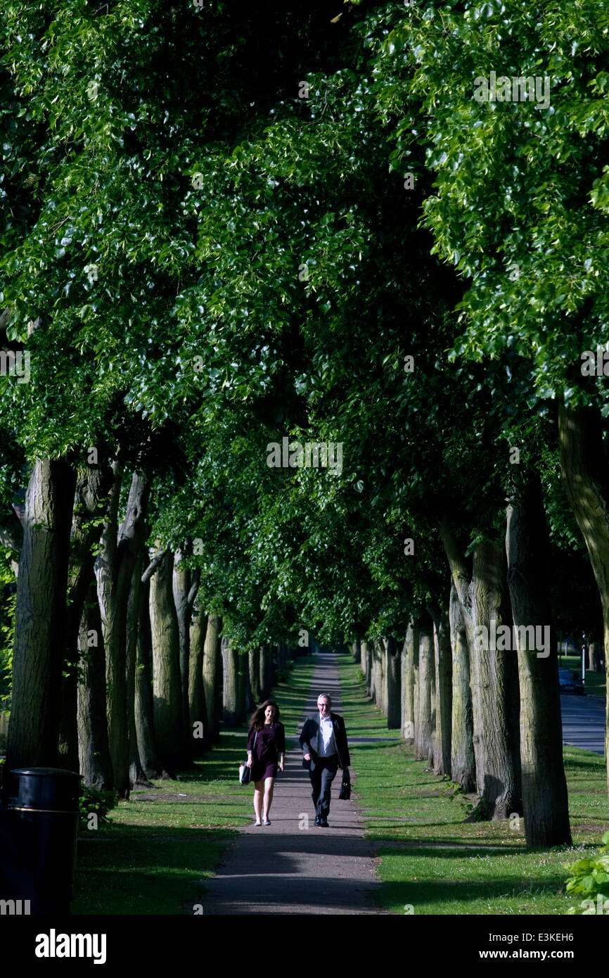 A couple in suits on their way to work walk down the Braodway, a long tree-lined avenue in Letchworth Garden City, Hertfordshire Stock Photo