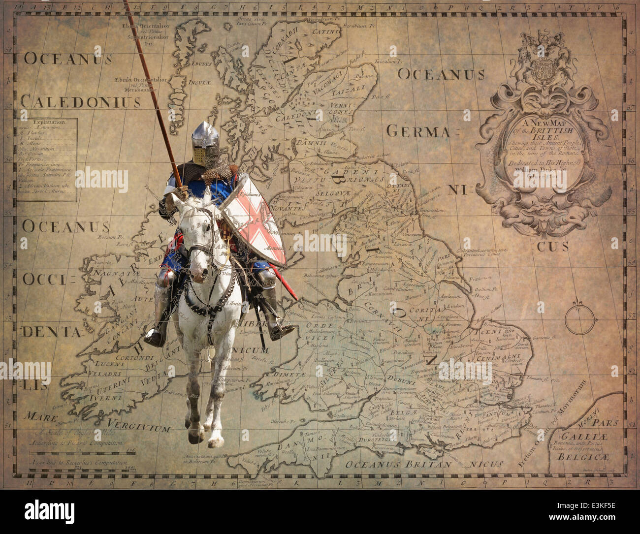 Armored knight on warhorse - retro postcard on vintage map background Stock Photo