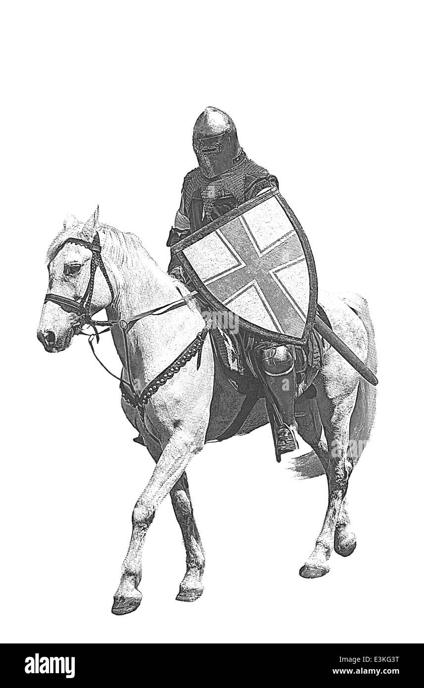 Armoured knight on white warhorse isolated on white Stock Photo