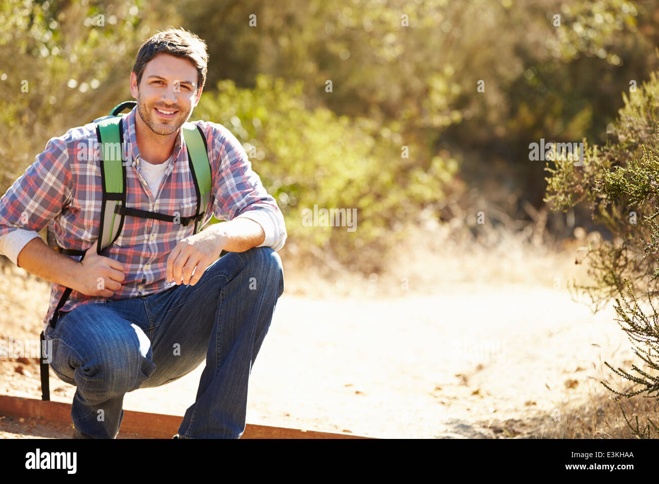 Portrait Of Man Hiking In Countryside Wearing Backpack Stock Photo