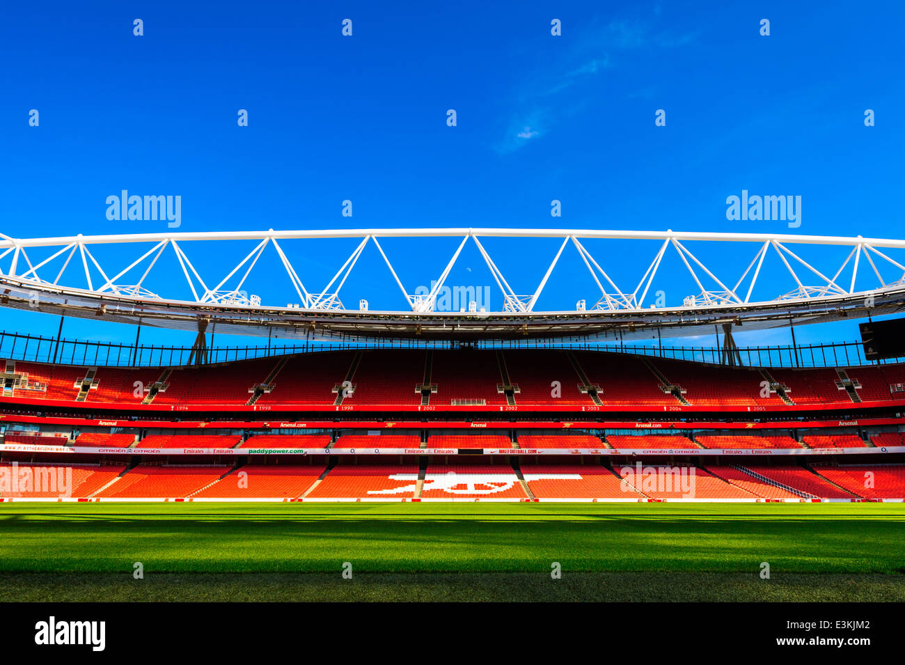 Pitch view, inside The Emirates Stadium, Arsenal Football club. Stock Photo