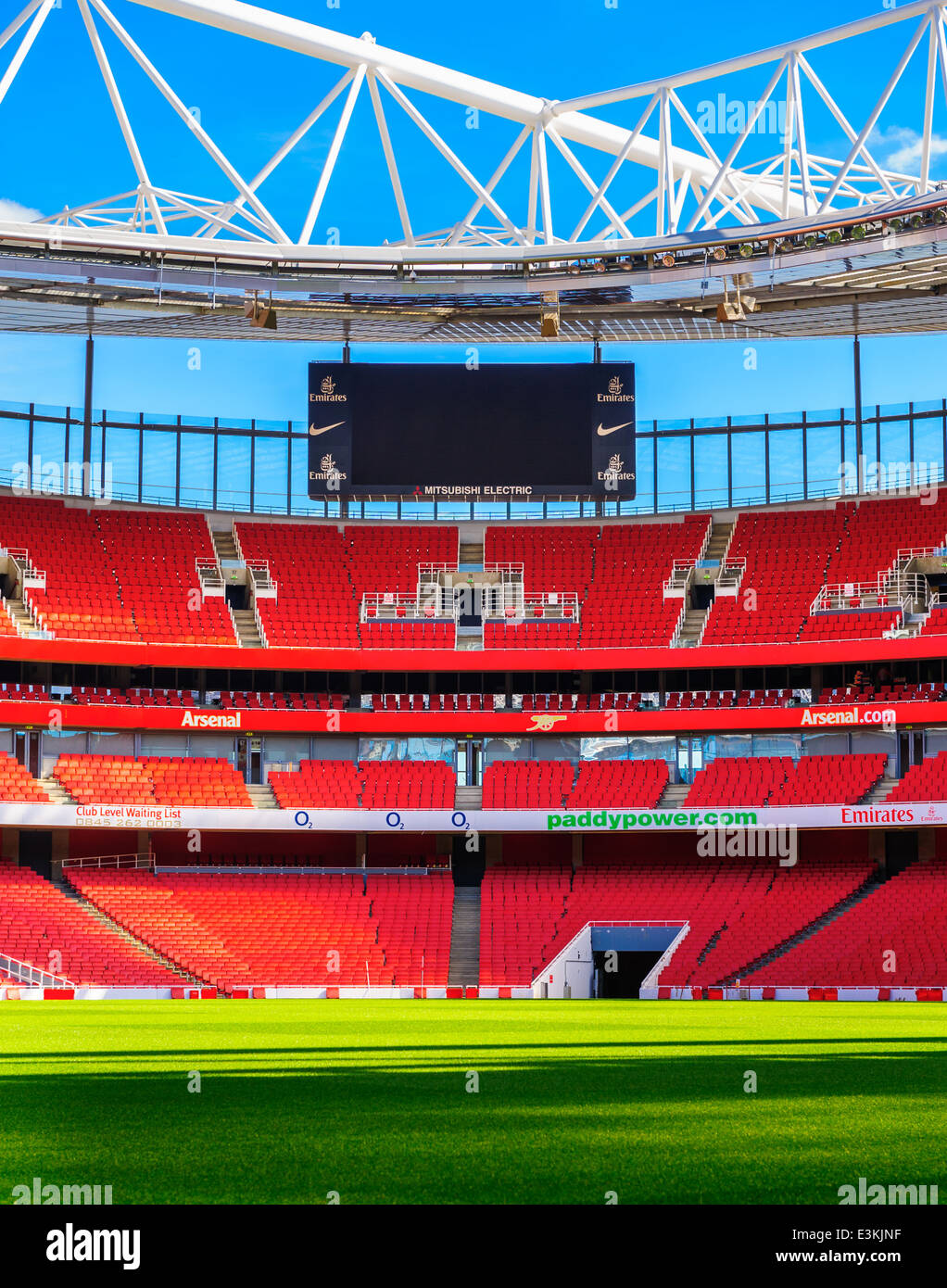 Pitch view and Mitsubishi Electric scoreboard at The Emirates. Arsenal Football Club Stock Photo