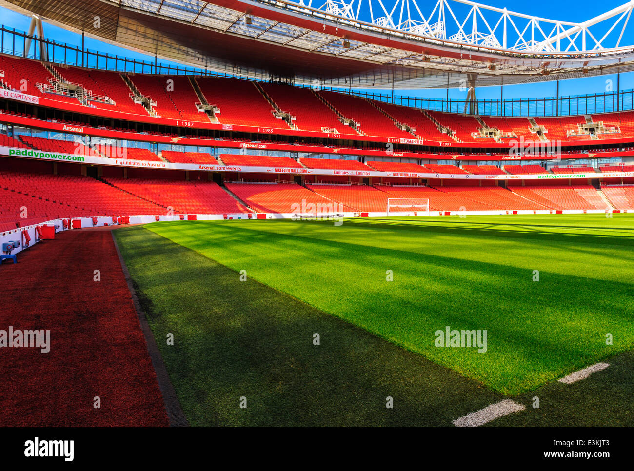 Pitch side, The Emirates Stadium, showing supporter seating. Arsenal Football club. Stock Photo