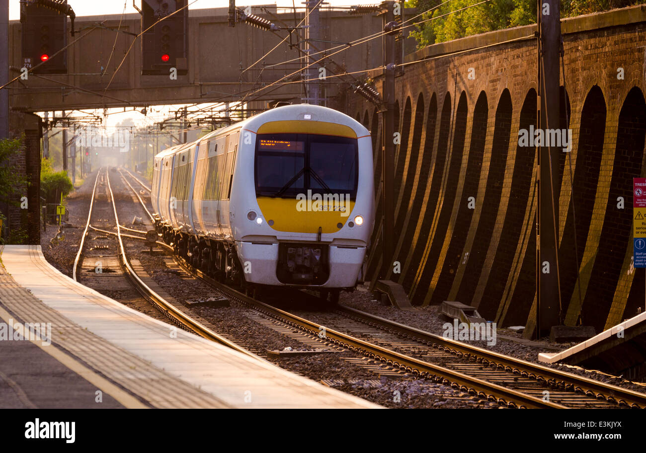 C2C Commuter Train coming into Pitsea Station, Basildon, Essex, Britain. Stock Photo