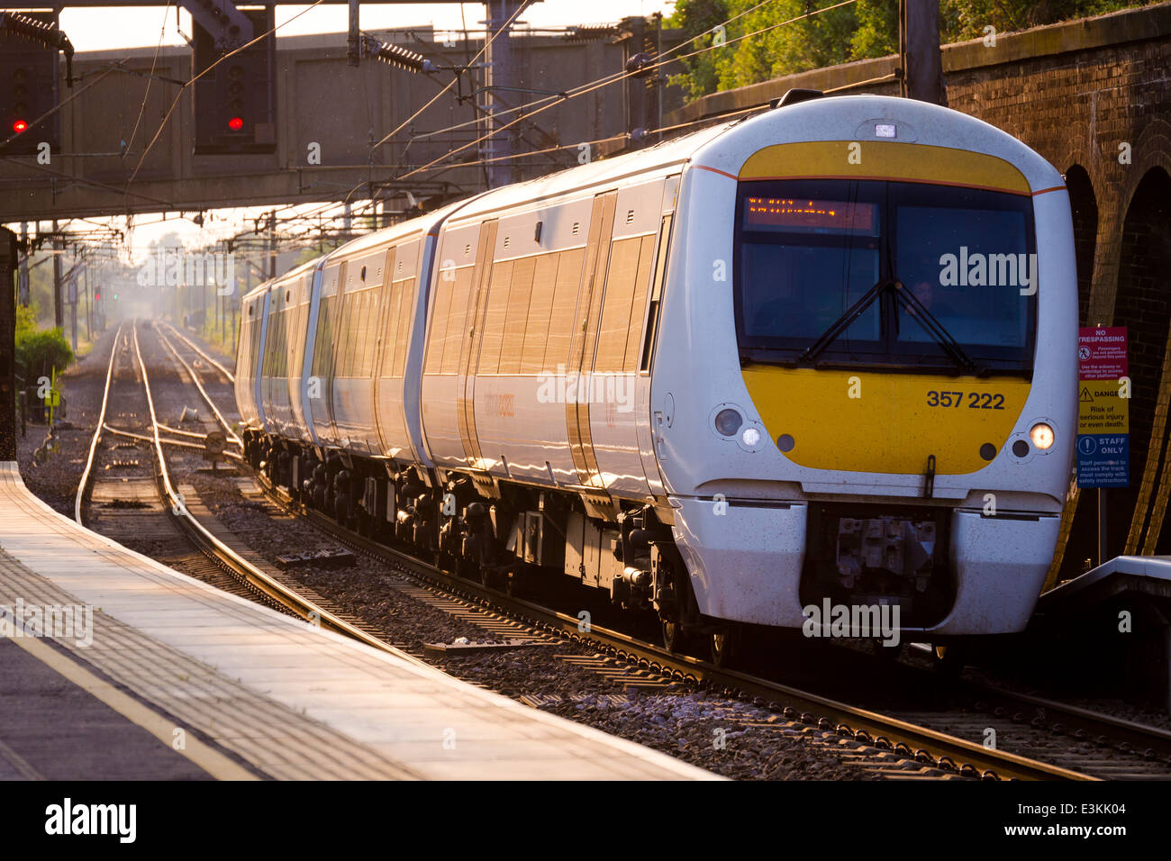 C2C Commuter Train coming into Pitsea Station, Basildon, Essex, Britain. Stock Photo