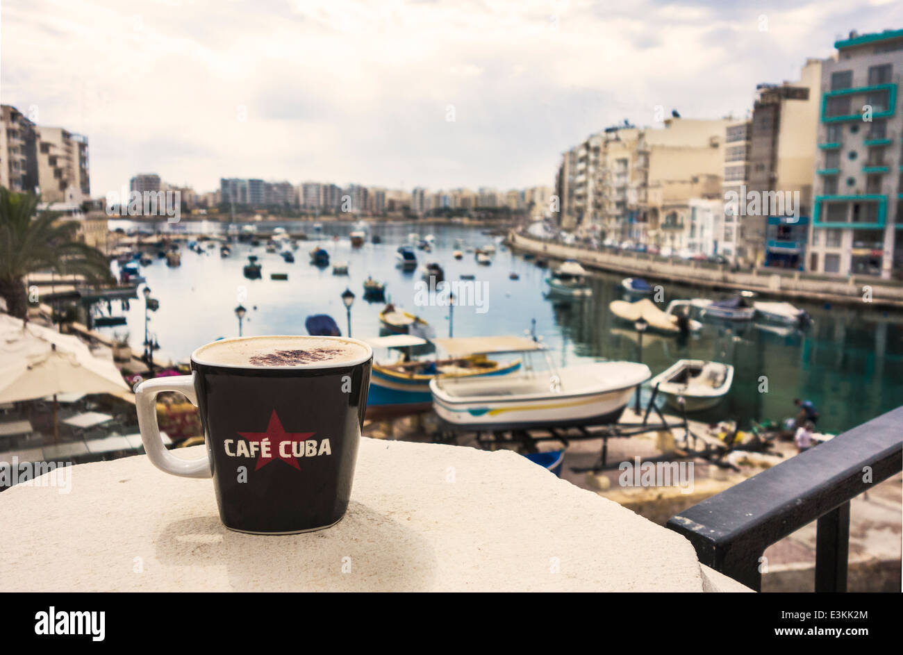 Cup of coffee, overlooking St Julians Bay, Malta. Stock Photo