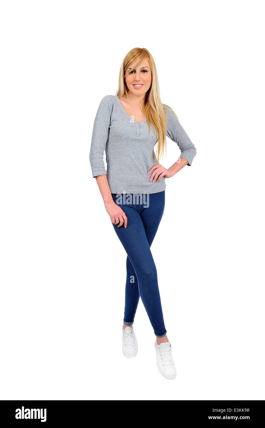 young casual woman on white Stock Photo