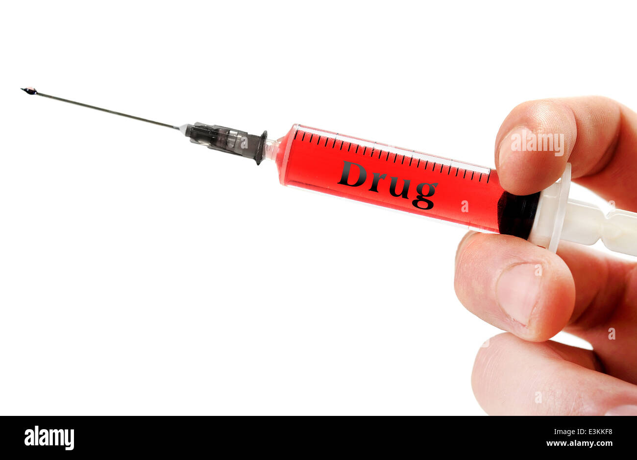 Drug word on red syringe Stock Photo Alamy