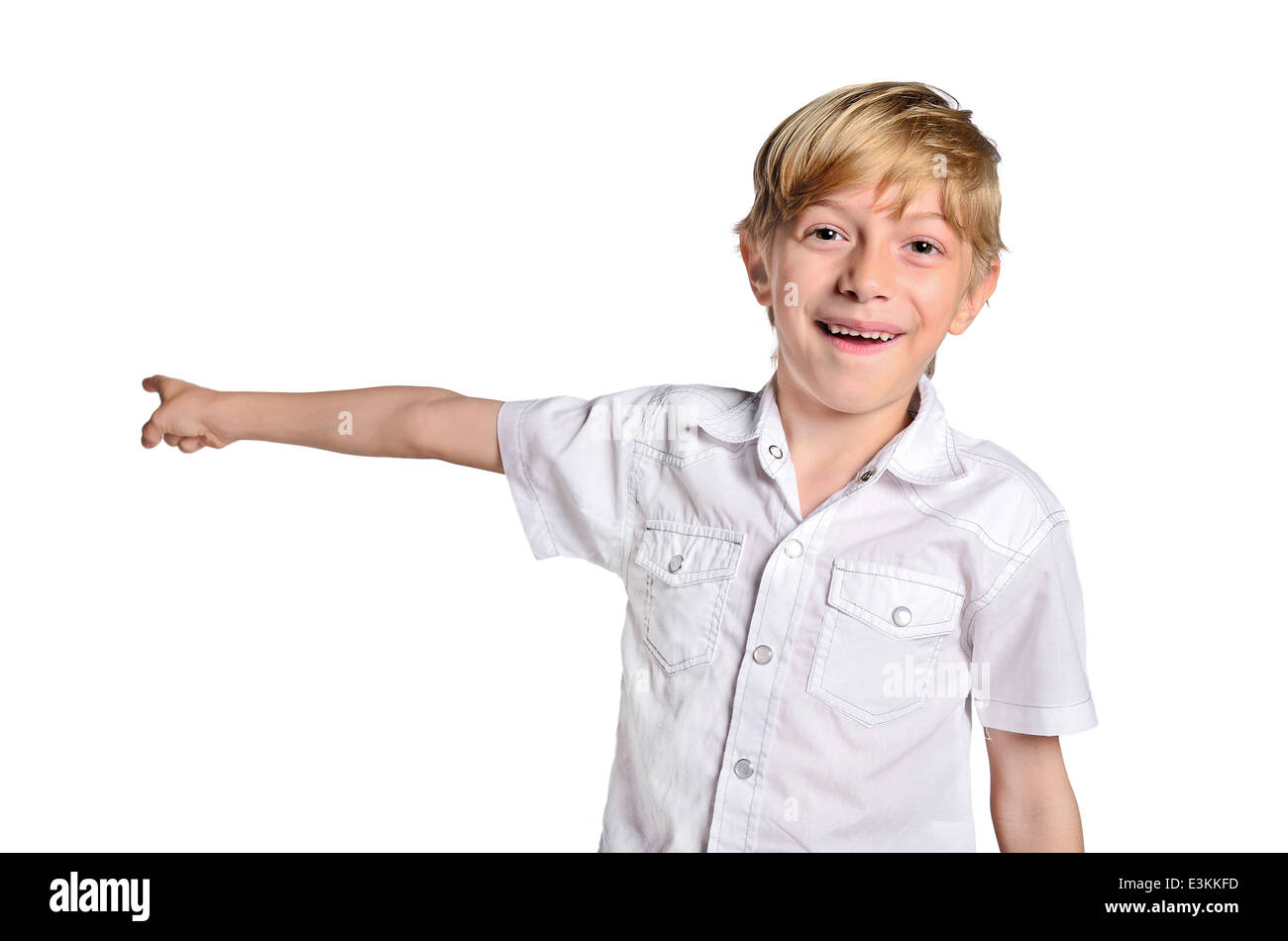 adorable arm beautiful boy child childhood command confident content curious cute demonstrate direction emotion expression backg Stock Photo