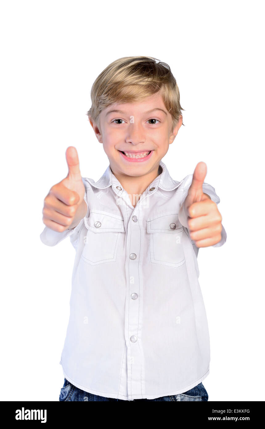 achievement adorable agree alright appreciation approval background beautiful boy cheerful child childhood confident closeup con Stock Photo