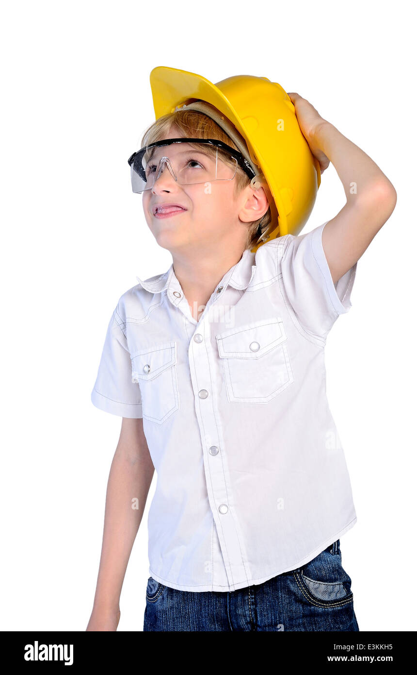 young boy with constructor helmet on white Stock Photo Alamy