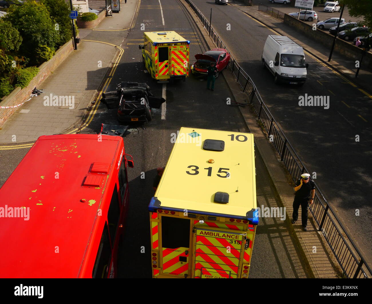 Three Mile Bridge, Great North Road, Gosforth, Newcastle upon Tyne, UK. 24th June 2014.   Serious RTA involving two cars causes major traffic chaos in surrounding area.  Drivers of both cars injured and taken to hospital by ambulance.  Credit:  Victor W Adams / Alamy Live News; Stock Photo
