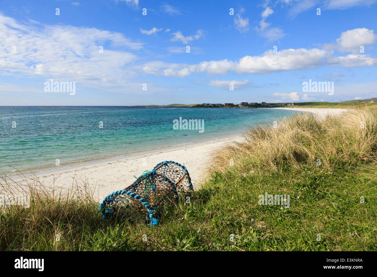 Lobster pot on sand dunes by Traigh nam Faoghailean beach Balranald