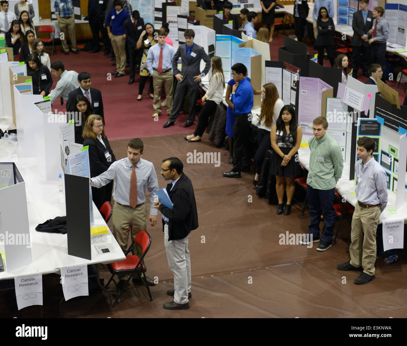 High school student explains his research project to a science fair judge, other students look on, New Jersey Stock Photo