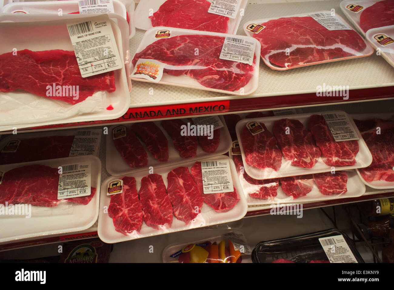 Packages of beef are seen in the butcher department of a supermarket in