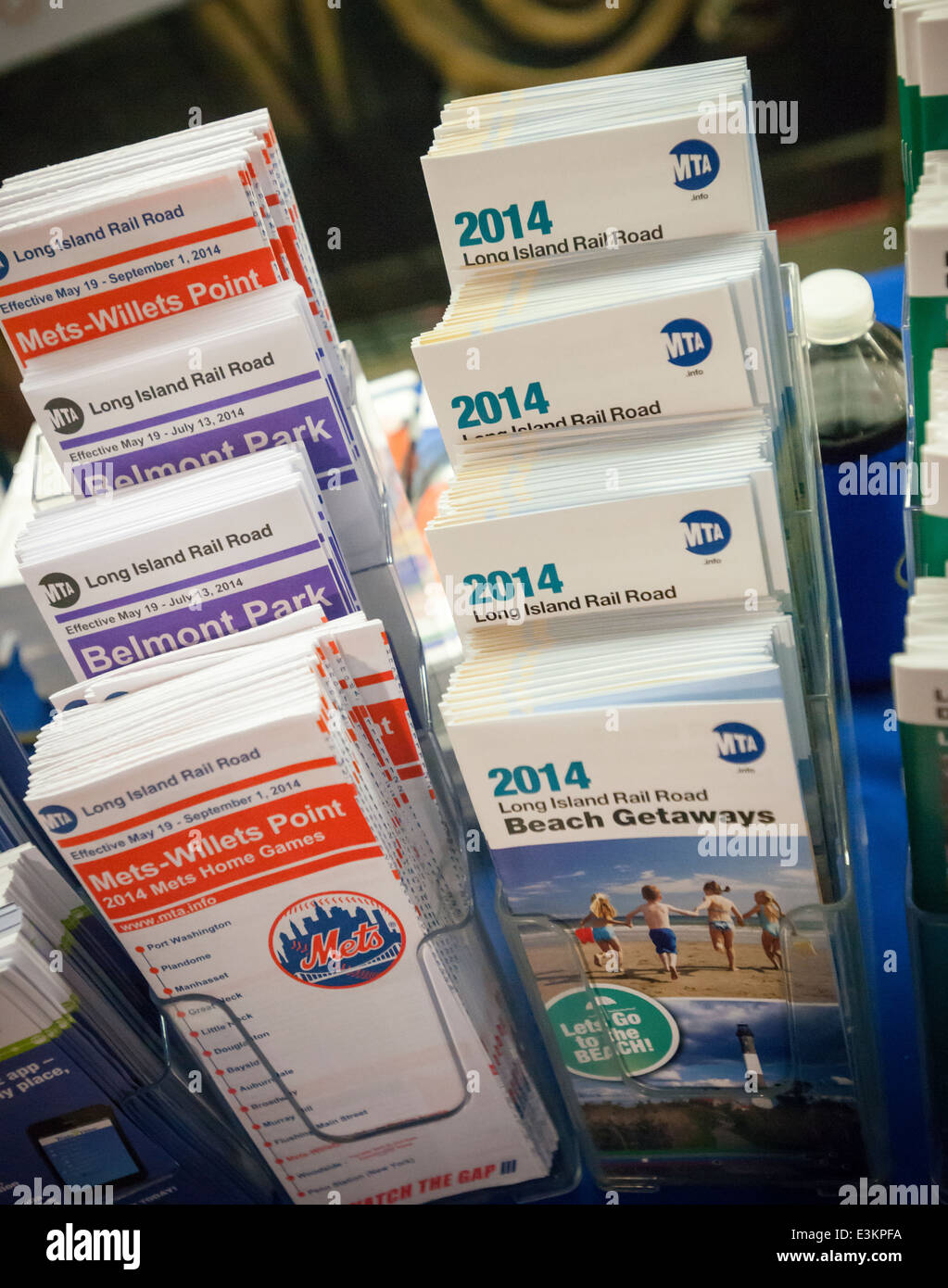 Brochures and schedules for LIRR Getaway Deals in Pennsylvania Station in New York Stock Photo