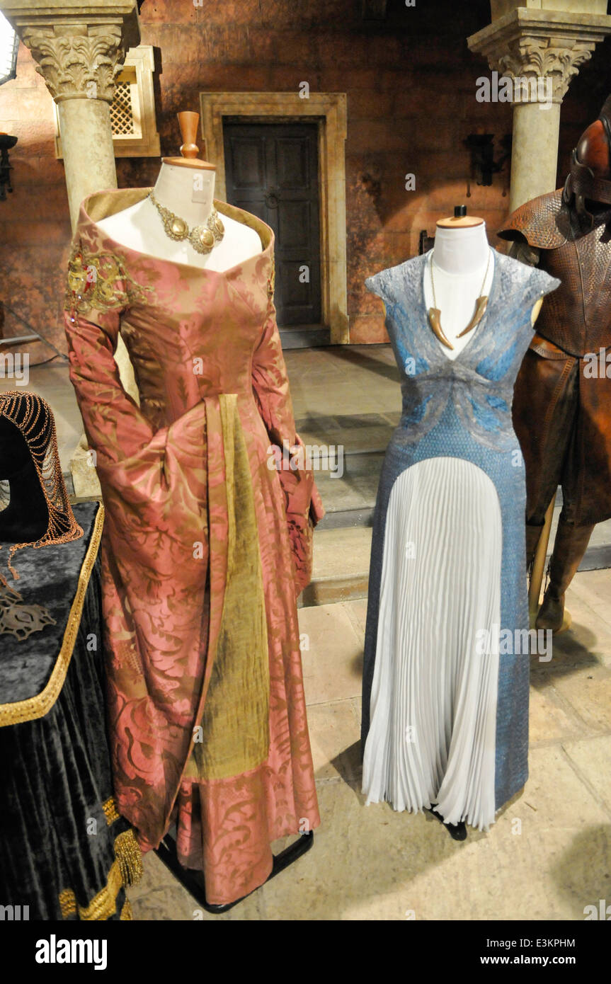 Costumes worn by Queen Cersei Lannister and Daenerys Targarian in Game of Thrones Stock Photo