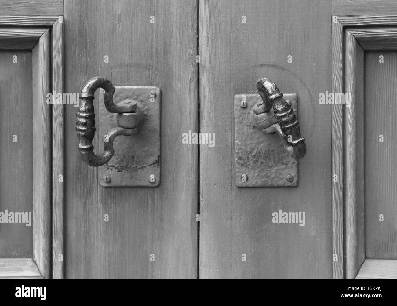 close-up of old double door knocker (gray scale) Stock Photo