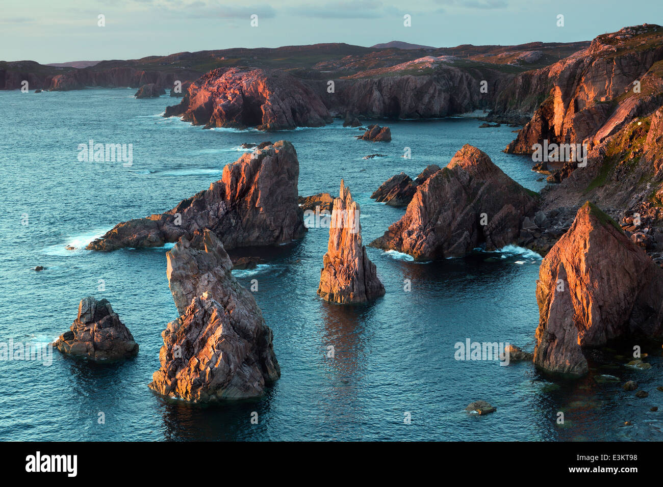 Mangersta or Mangurstadh beach and sea stacks on the Isle of Lewis and Harris, Outer Hebrides, Scotland in soft evening light Stock Photo