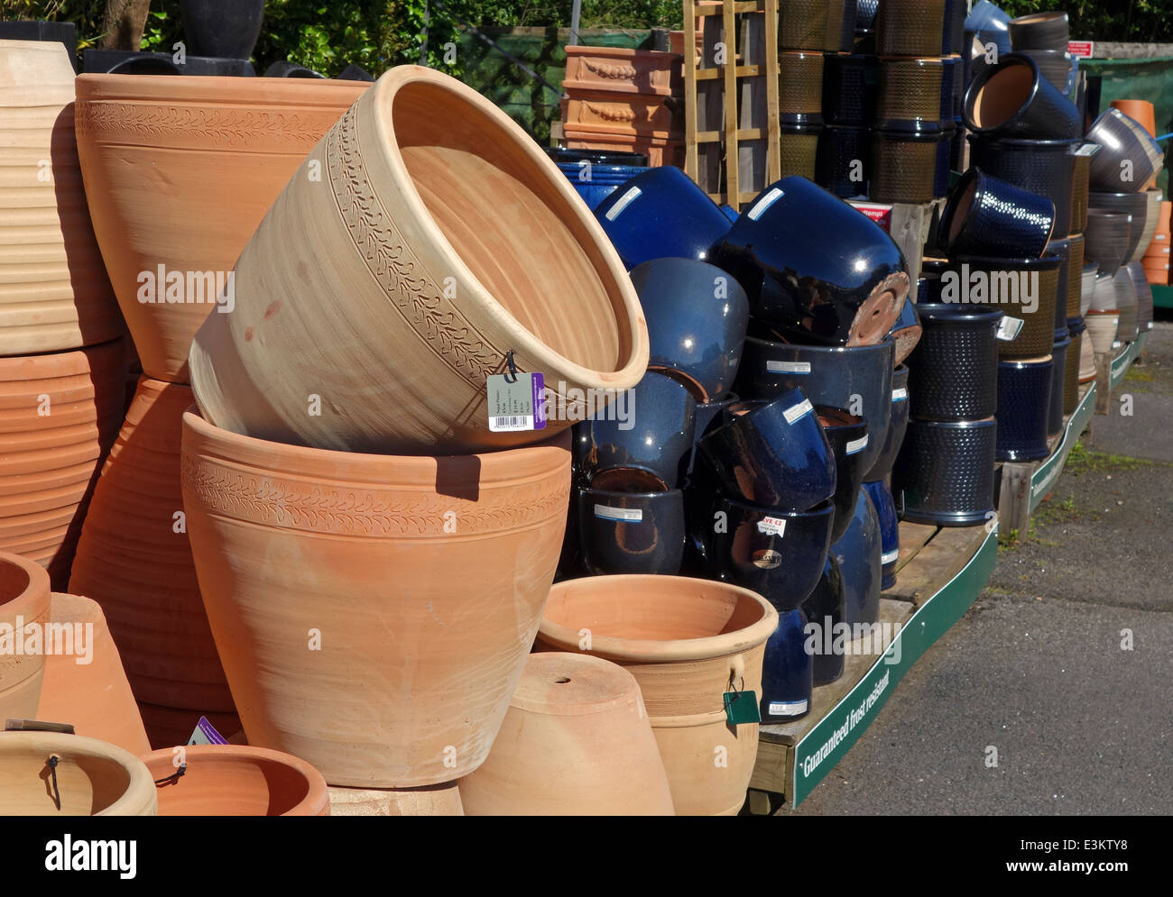 plant pots and containers on sale in a garden centre Stock Photo