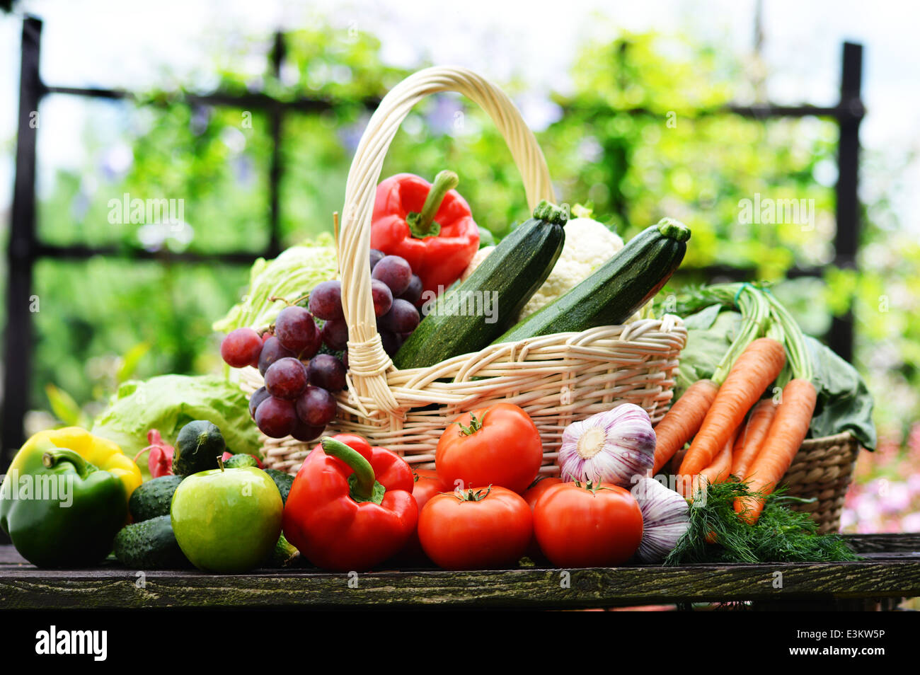 Fresh organic vegetables in wicker basket in the garden Stock Photo - Alamy