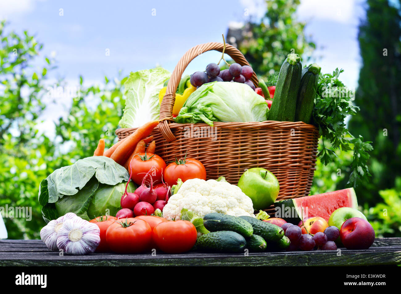 Fresh organic vegetables in wicker basket in the garden Stock Photo - Alamy